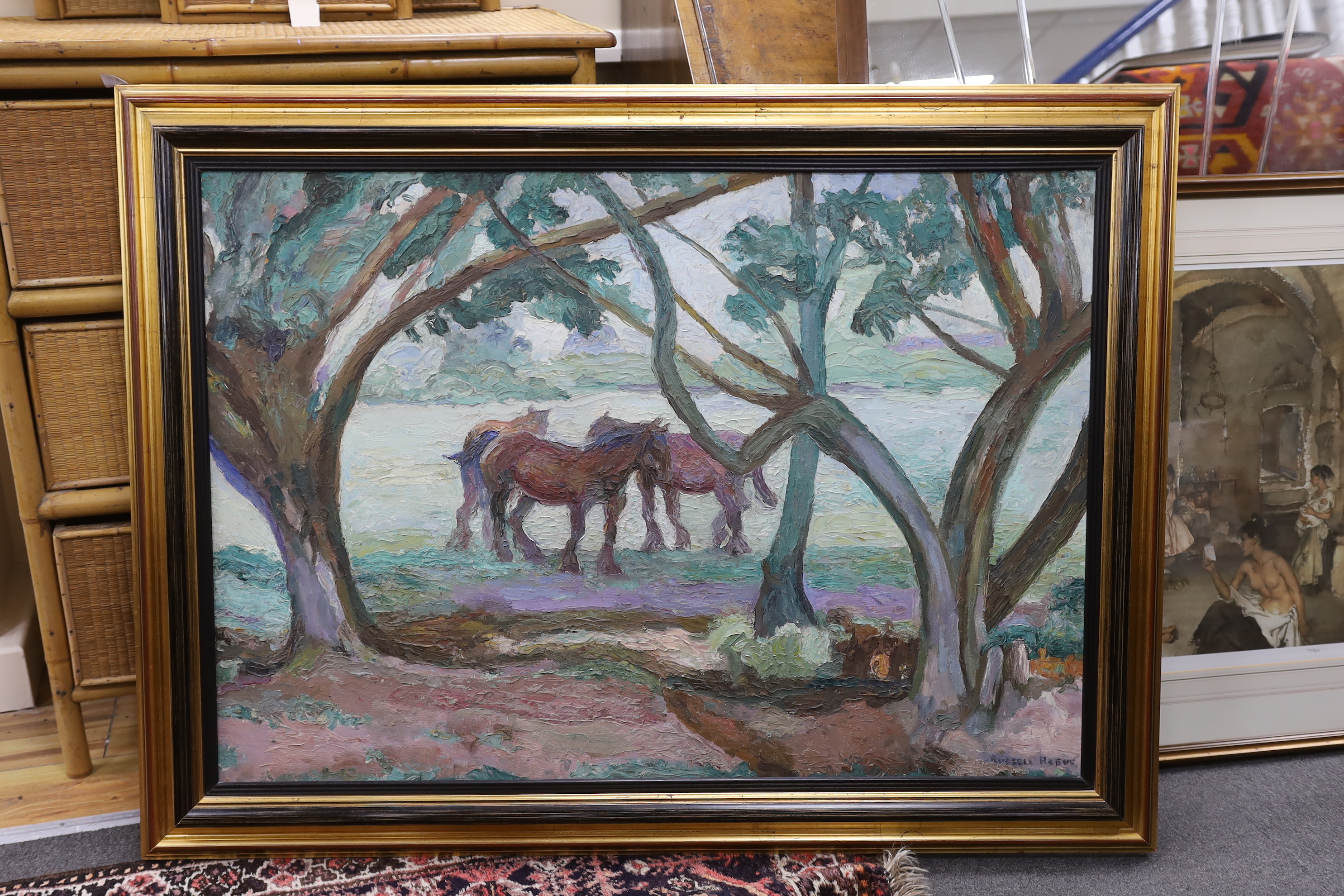 Russell Sidney Reeve R.B.A (1895-1970), impasto oil on board, Work horses resting, signed, inscribed label verso, 70 x 100cm